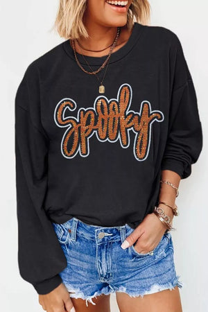 black sweatshirt with graphic-print and crew neck