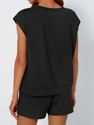 Black relaxed fit drawstring short set with sleeveless top and matching shorts.