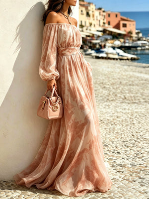rust maxi dress featuring off-shoulder and abstract