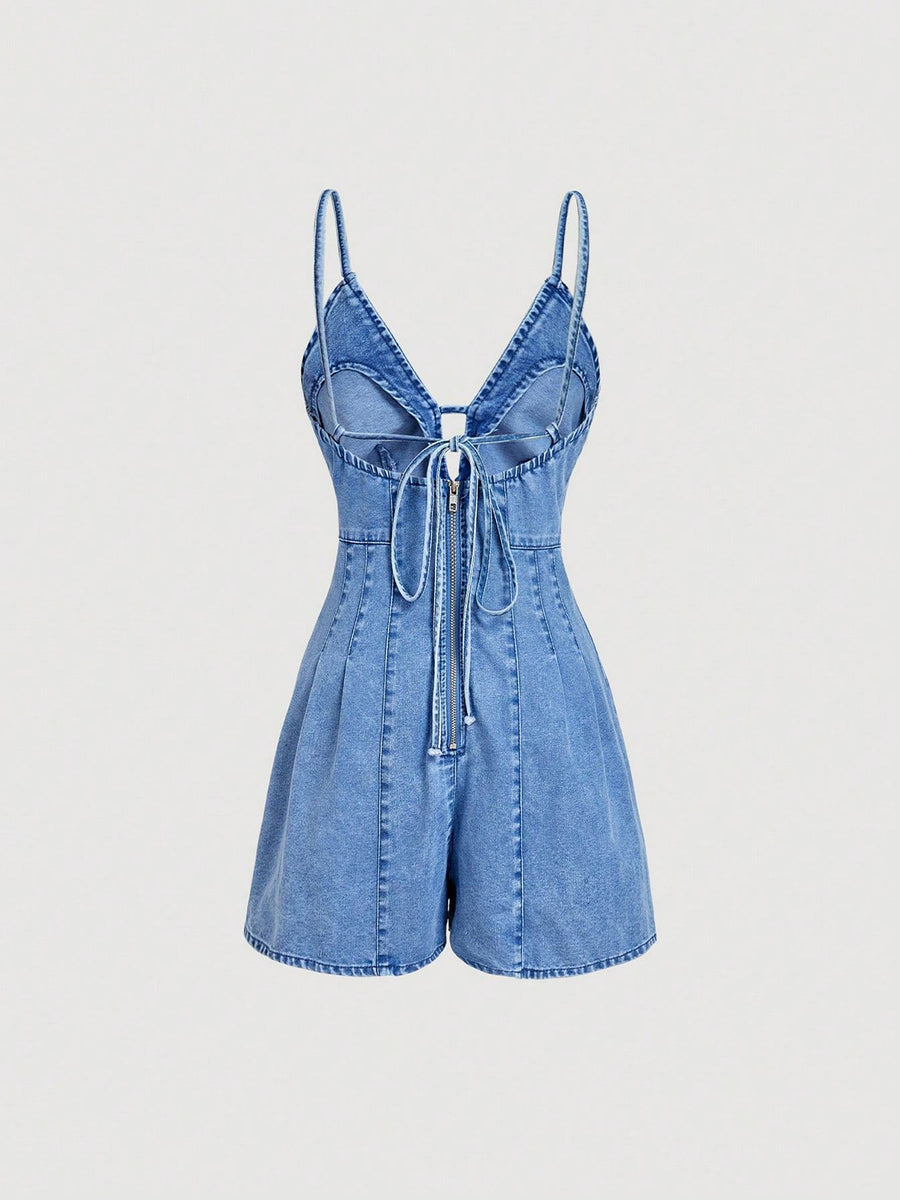 95%cotton,5%spandex Care instructions: Machine wash cold romper in light wash denim blue with fitted silhouette