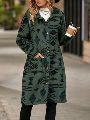 Sage Aztec print teddy longline coat with button front and pockets