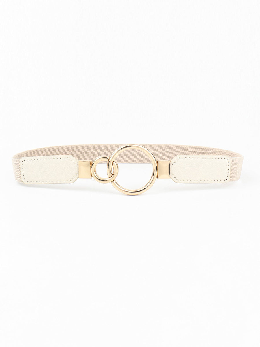 Cream elastic belt with interlocking gold rings and faux leather tabs