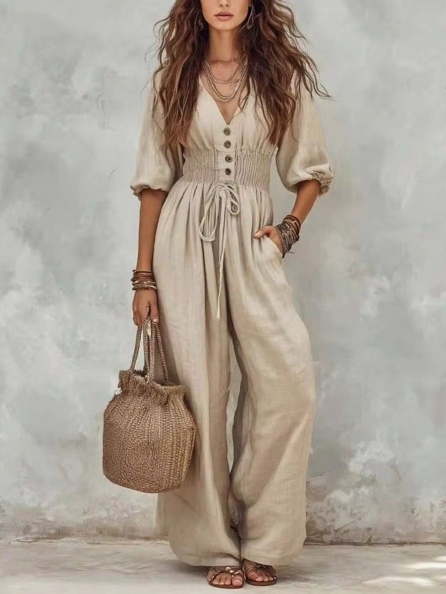 Apricot Color jumpsuit with full-length and drawstring