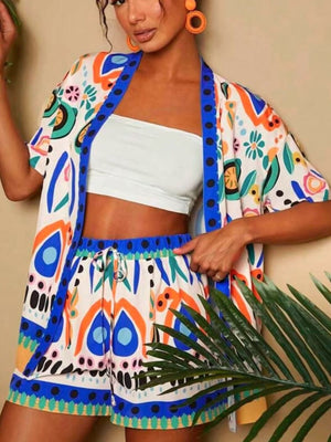Tropical print cardigan and drawstring shorts set with blue trim