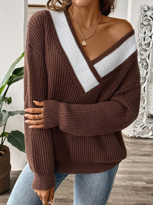 classic v-neck sweater in chocolate brown with v-neck