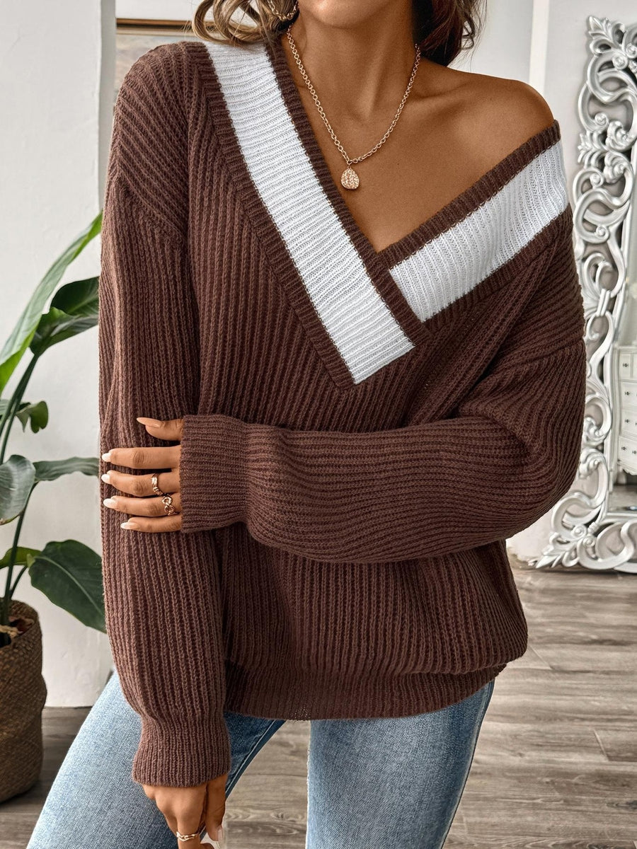 classic v-neck sweater in chocolate brown with v-neck