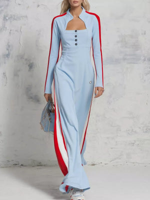 light blue maxi dress with color-block and square neck