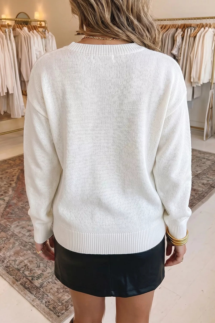White pullover sweater with hip-length and pullover