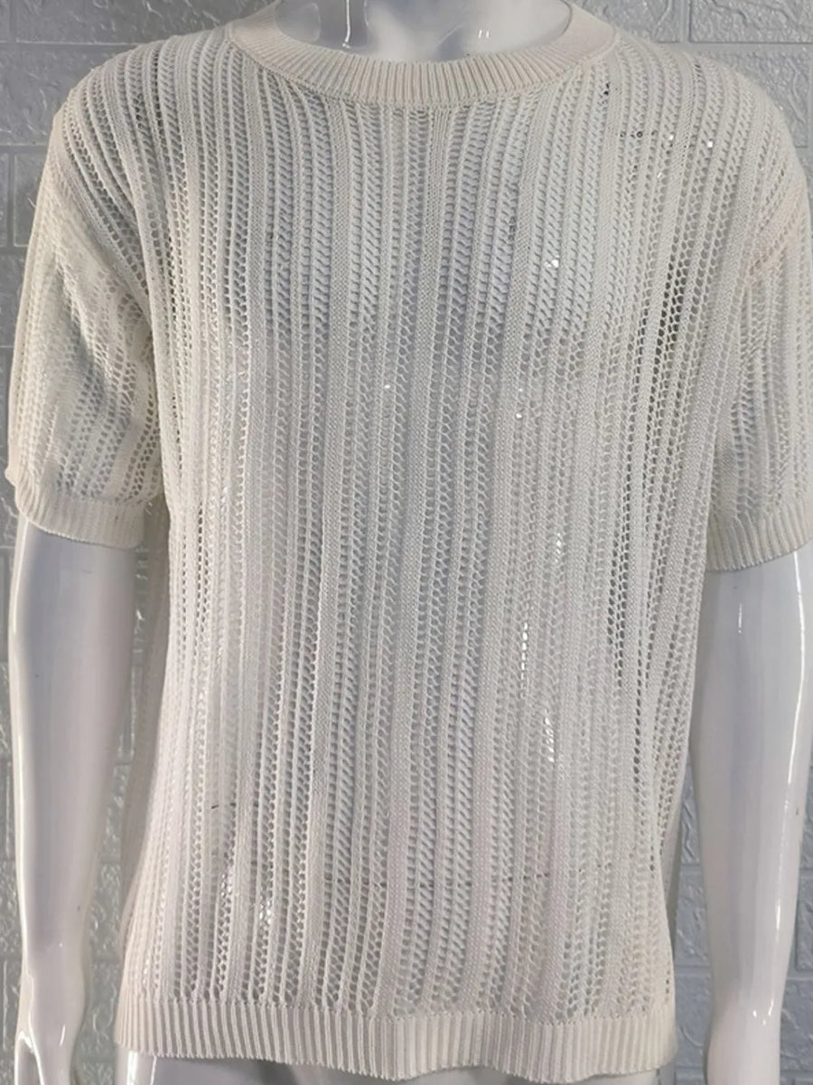 Open-knit boxy crew neck sweater in ivory acrylic with short sleeves.