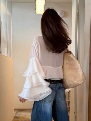 ivory blouse with sheer and bell sleeve