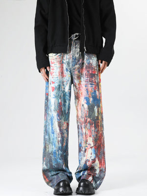 Abstract art print wide leg jeans in cotton with brushstroke pattern and a relaxed fit.