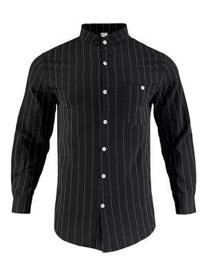 Black linen-blend striped button-up shirt with band collar and chest pocket.