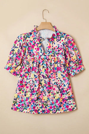 Flower Print Frilled Collar Puff Sleeve Blouse option 5