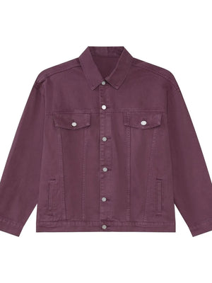Burgundy denim trucker jacket with button front and chest pockets