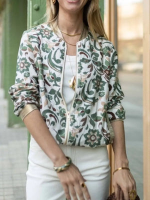 cream bomber jacket with floral and collared
