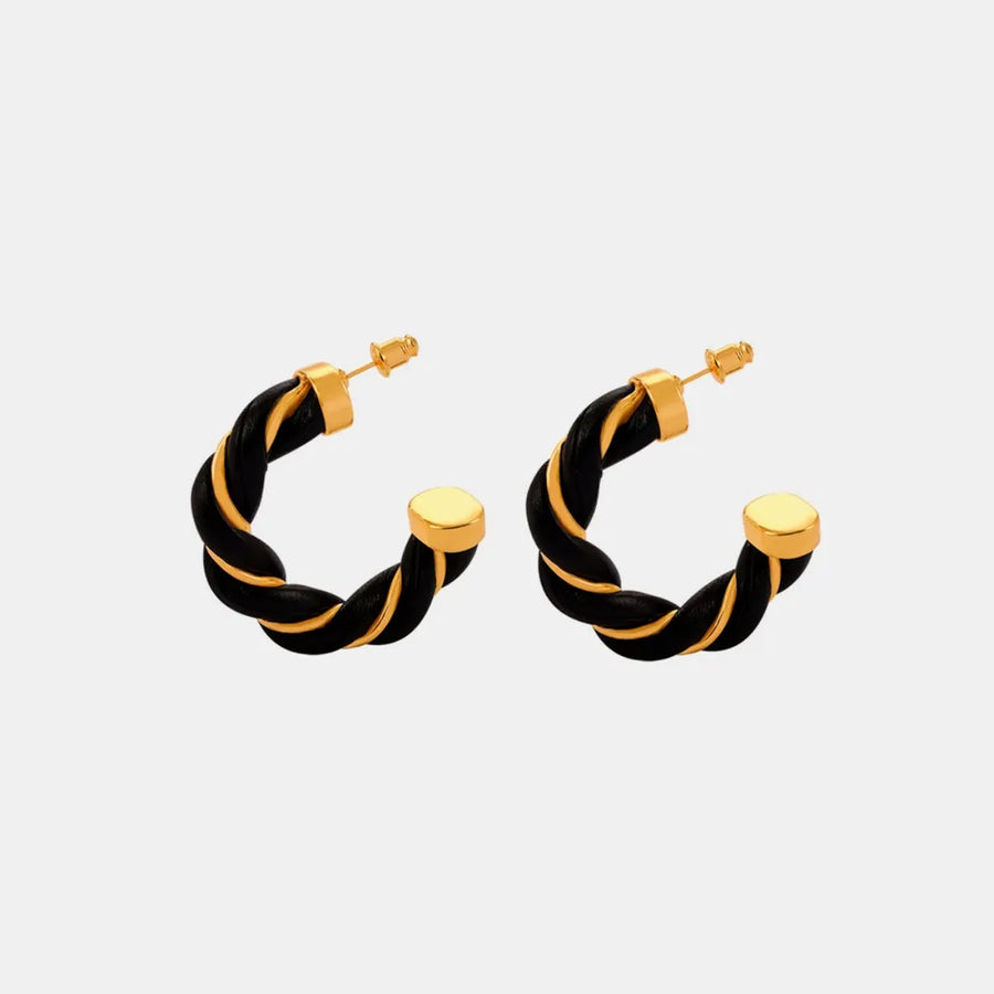 Black braided leather hoop earrings with gold accents