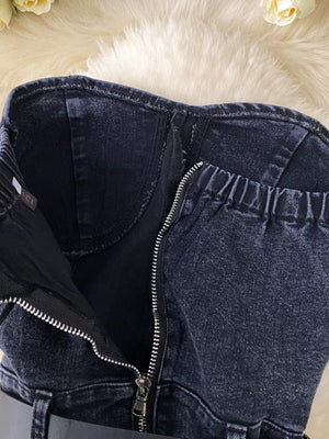 Black denim bustier bodysuit with front zipper and elasticized back detail