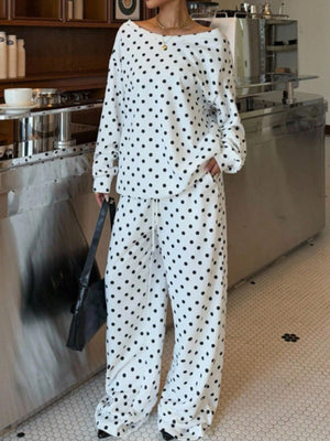 white pajama set with polka dot and boat neck