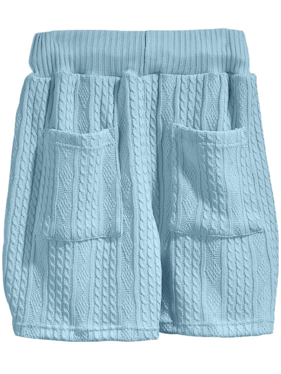 Sky blue cable-knit shorts with pockets and elastic waistband