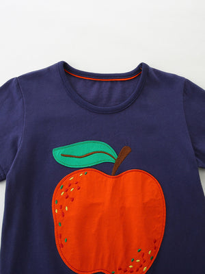 Navy cotton toddler t-shirt with a cheerful orange apple appliqué and green leaf.