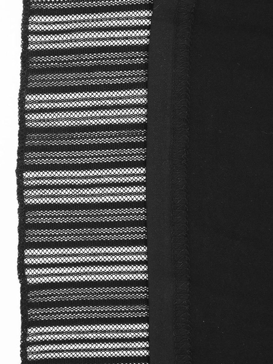 Black mini dress with striped mesh detail and boat neckline
