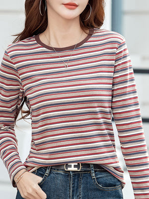 brown t-shirt with striped and crew neck