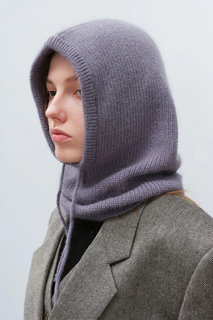 Light gray knit balaclava with hood and drawstring detail