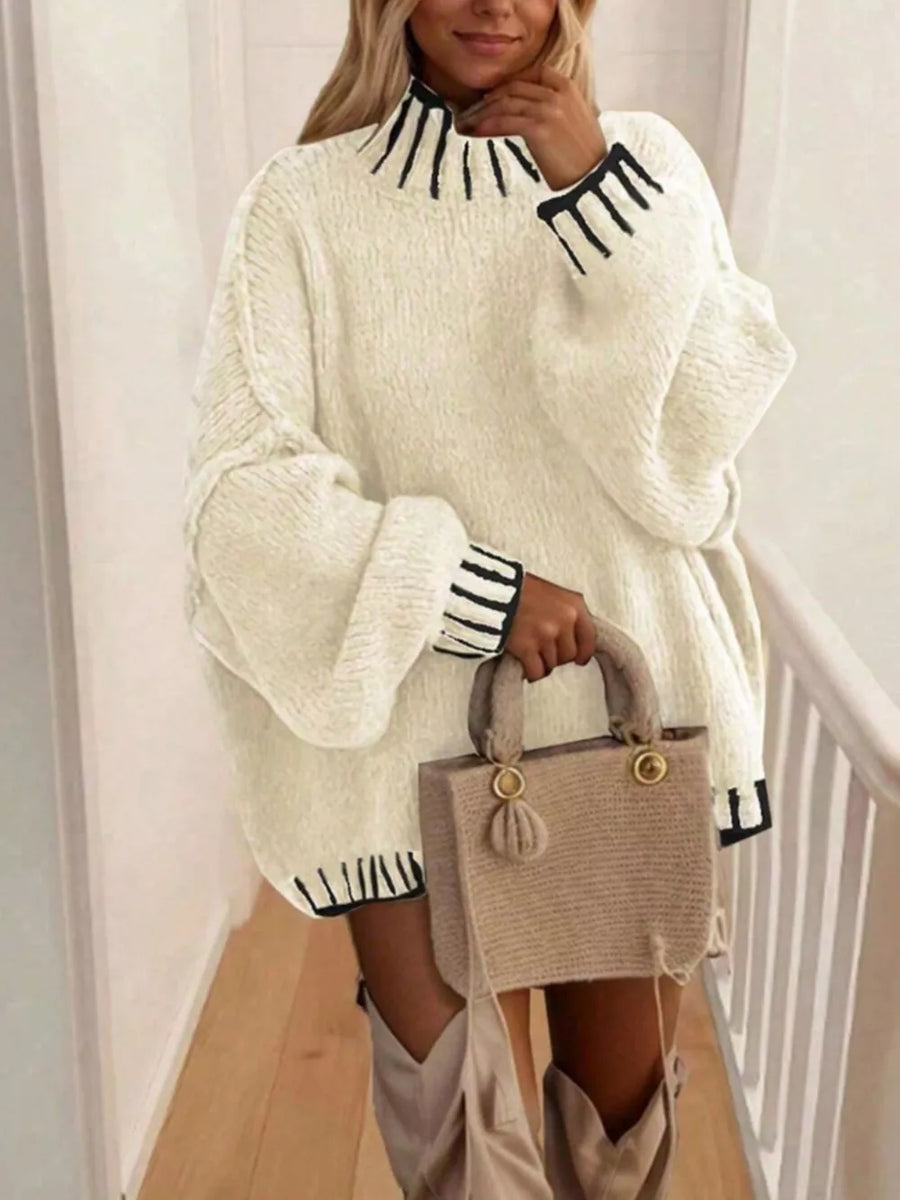 White Contrast Trim Chunky Knit Sweater