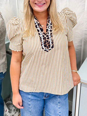 Brown and white striped cotton blouse with puff sleeves and a leopard print V-neck collar.