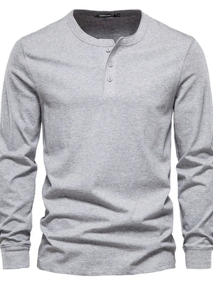 Gray Henley knit long sleeve tee with button placket and crew neck.