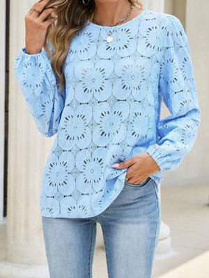 sky blue blouse with floral and round neck