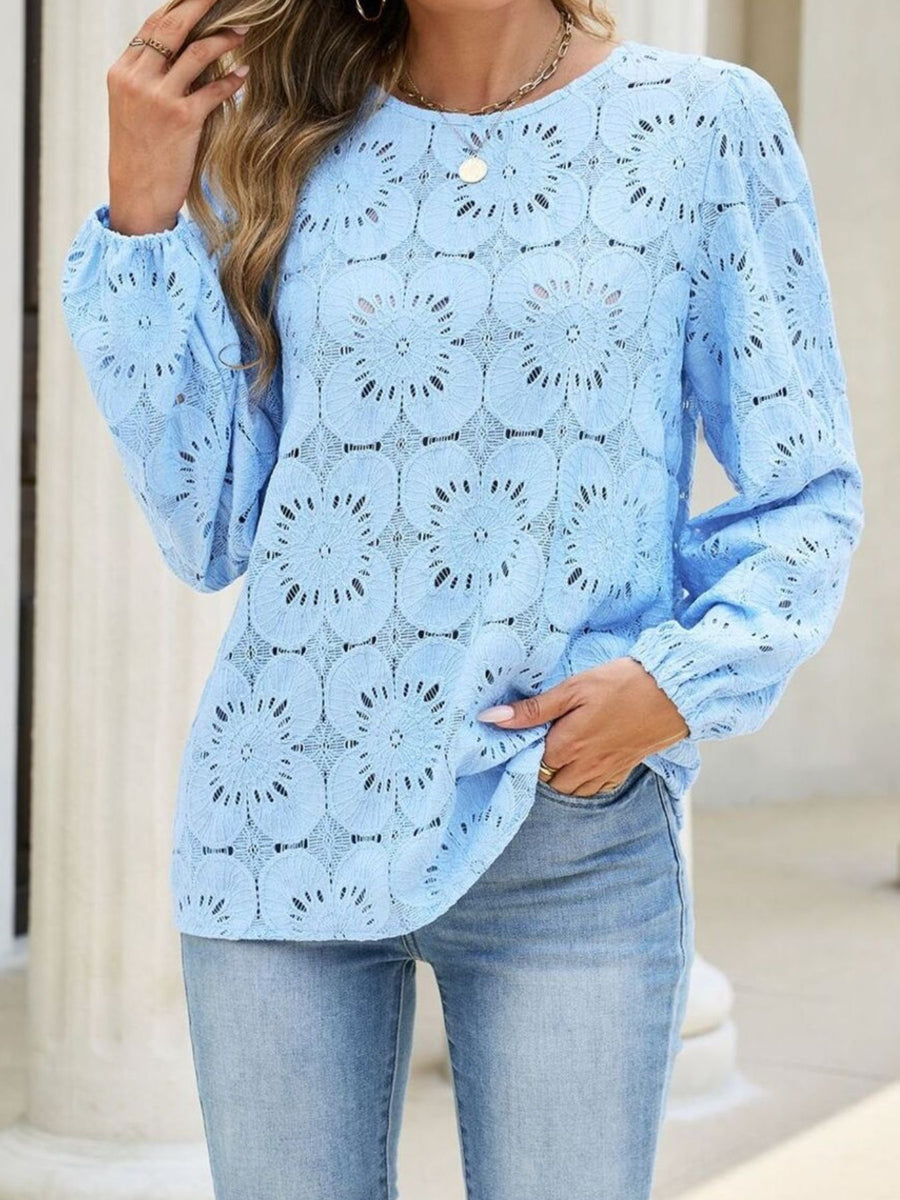 sky blue blouse with floral and round neck