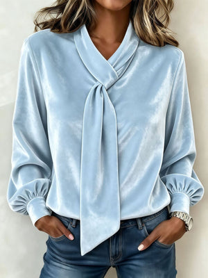 blouse in light blue featuring tie-neck and regular fit