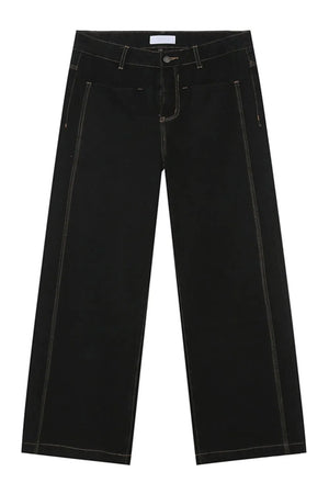Dark straight-leg denim jeans with contrast stitching and a classic fit.