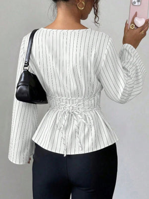 blouse featuring striped in white with 100% polyester Care instructions: Machine wash cold texture