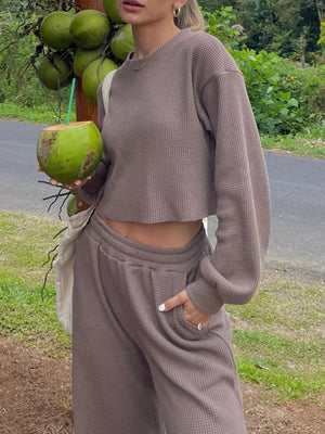 Waffle knit cropped lounge set in Mocha