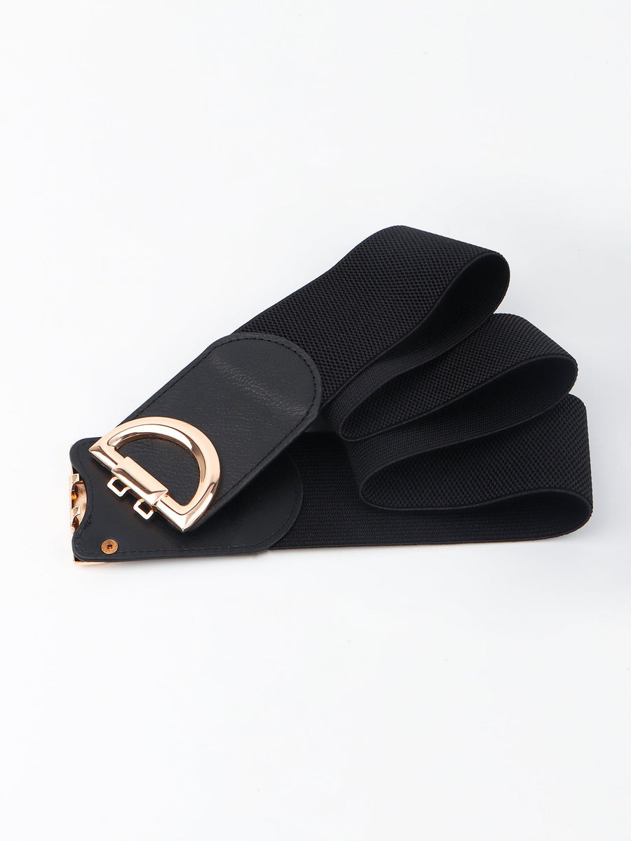 Black elastic belt with double D gold buckle and faux leather detail