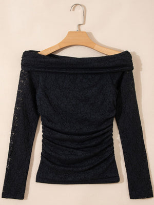 Black lace off-shoulder slim shirt with ruched sides and long sleeves.