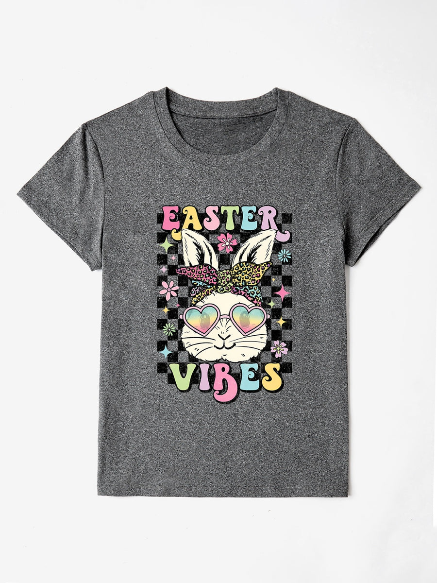 Gray graphic tee with bunny wearing heart sunglasses and leopard bandana, "Easter Vibes" text.