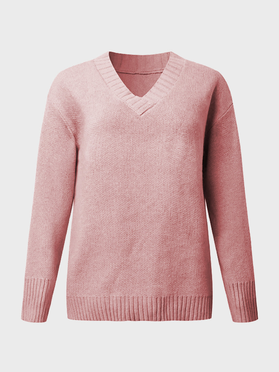 Dusty Pink V-neck knit sweater with ribbed trim on neckline, cuffs, and hem.