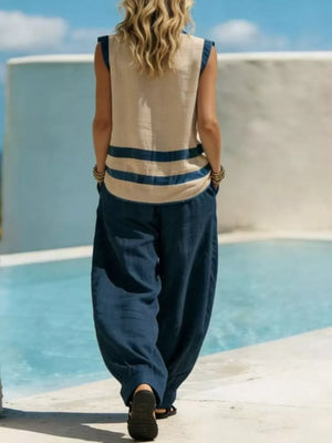 Striped Sleeveless Top And Wide-leg Pants Set in Army Green