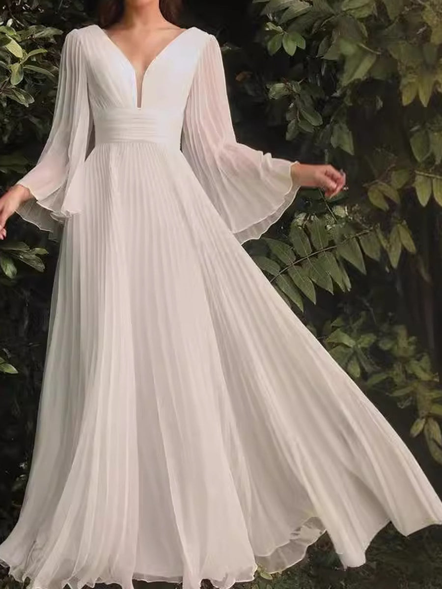 ivory maxi dress with pleated and v-neck