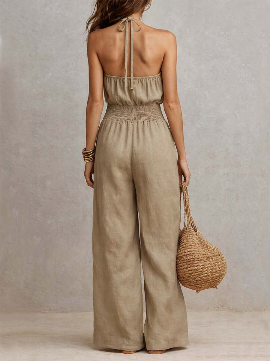 khaki jumpsuit with smocked and sleeveless