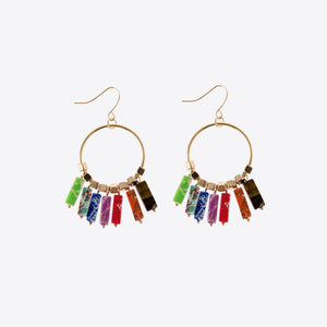 Multicolor stone hoop earrings with gold alloy accents and hanging rectangular stones.