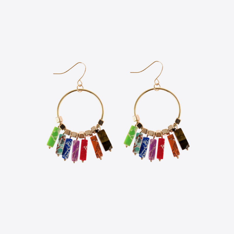 Multicolor stone hoop earrings with gold alloy accents and hanging rectangular stones.