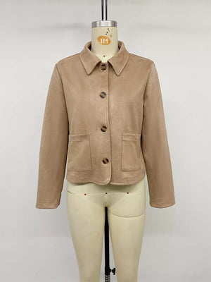 Collared Button-up Cropped Jacket in Khaki with buttoned