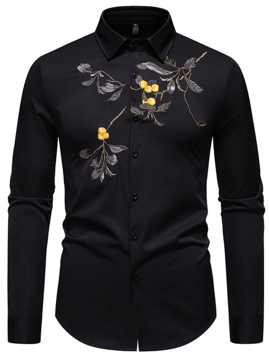 Black button-down cotton shirt with embroidered floral detail