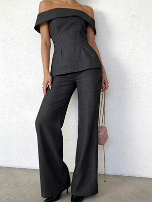 Chic dark gray off-shoulder top and wide-leg pants outfit set for women.