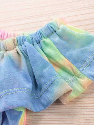 Blue with Children's Tie-dye Ruffle Crop Top & Shorts Set in Blue
