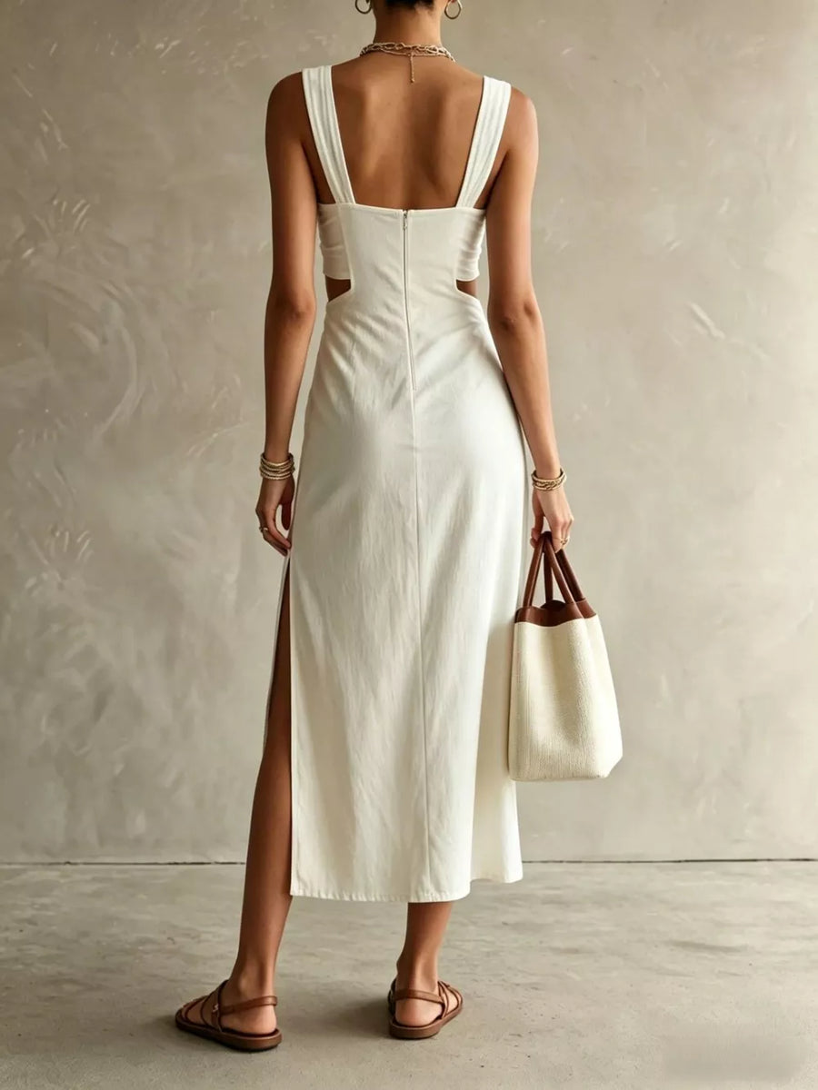 White Ruched Cut-out Midi Dress